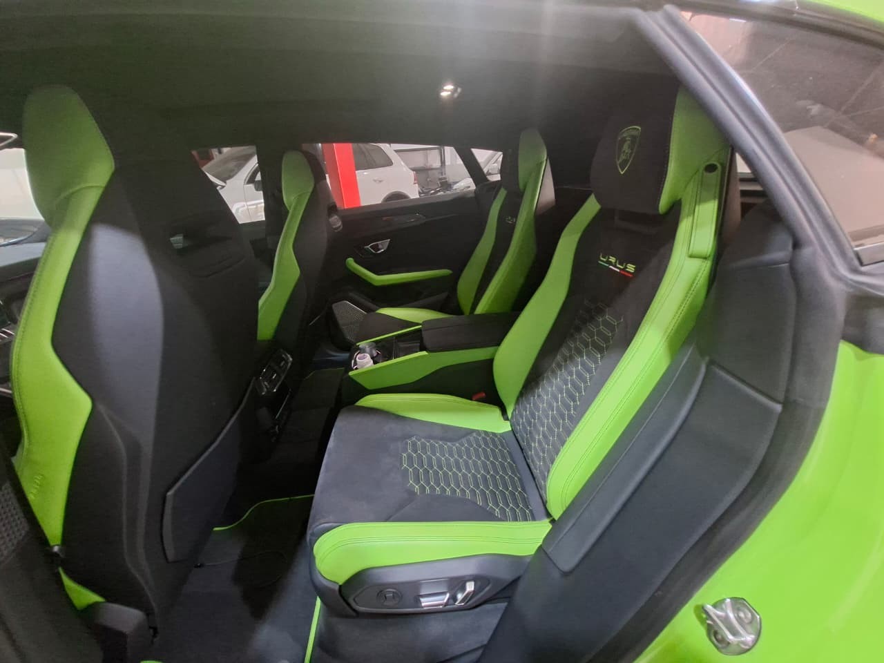 Green Lamborghini rear interior